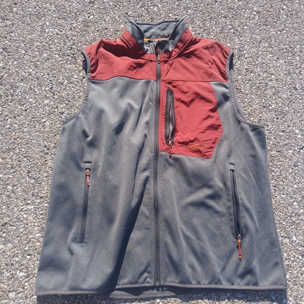 Orvis Vest Mens 2XL Gray Red Softshell Full Zip Windbreaker Pockets Outdoor
